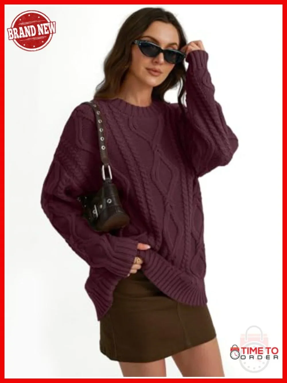 Oversized Cable Knit Crewneck Sweater - Cotton Blend